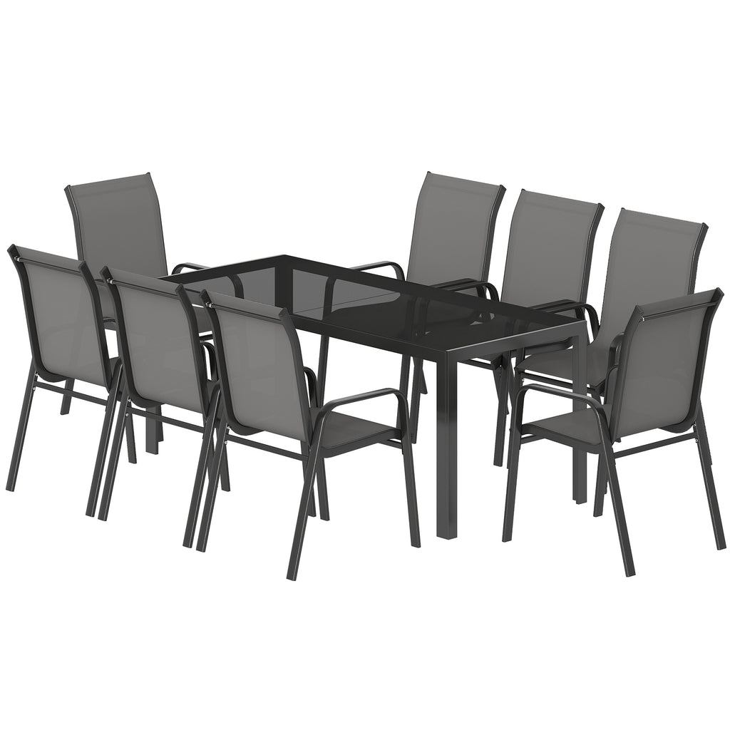Outdoor Dining Sets for 8 with Stackable Chairs, Patio Dining Set with Glass Top Table for Garden, Patio, Backyard, Dark Grey