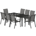 Outdoor Dining Sets for 8 with Stackable Chairs, Patio Dining Set with Glass Top Table for Garden, Patio, Backyard, Dark Grey