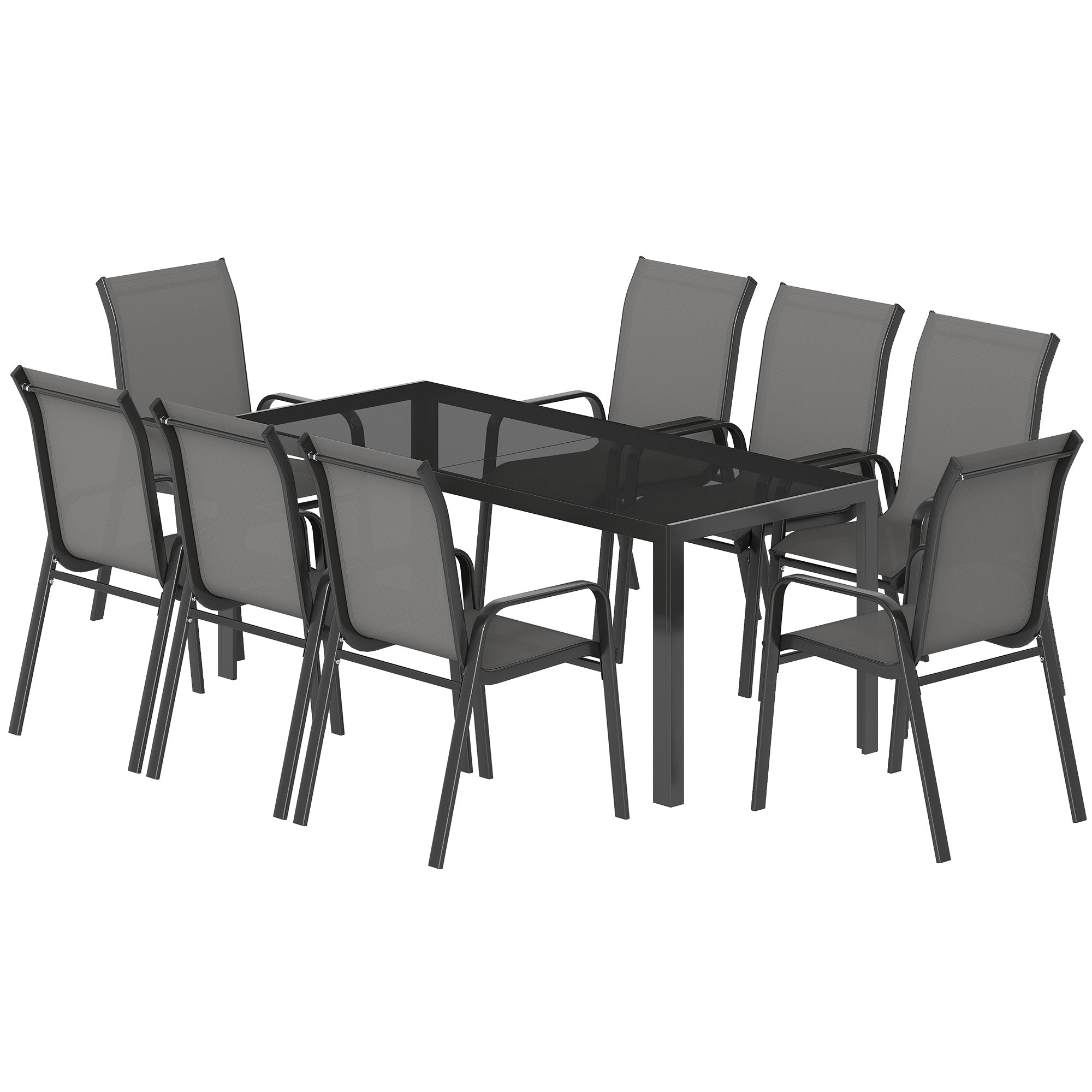 Outdoor Dining Sets for 8 with Stackable Chairs, Patio Dining Set with Glass Top Table for Garden, Patio, Backyard, Dark Grey