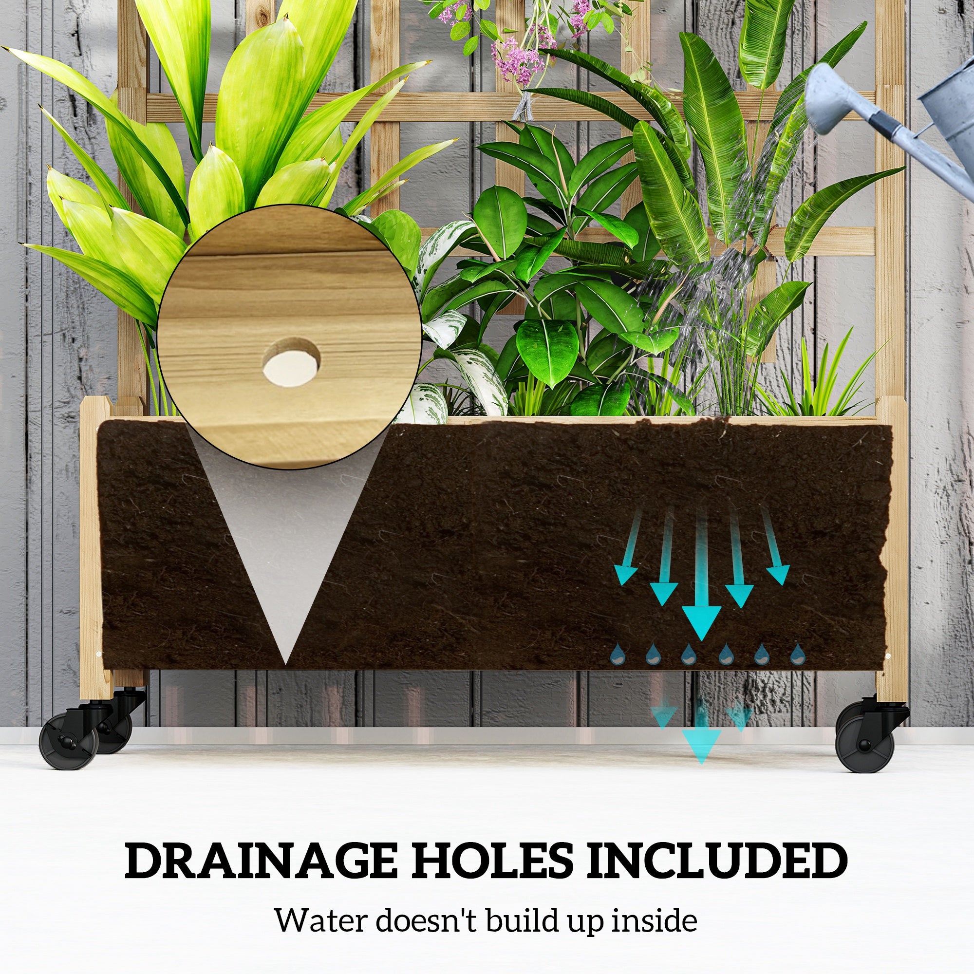 Wooden Planter with Trellis, Raised Garden Bed with Wheels, Drainage Holes for Climbing Plants, Flowers, Nature Wood