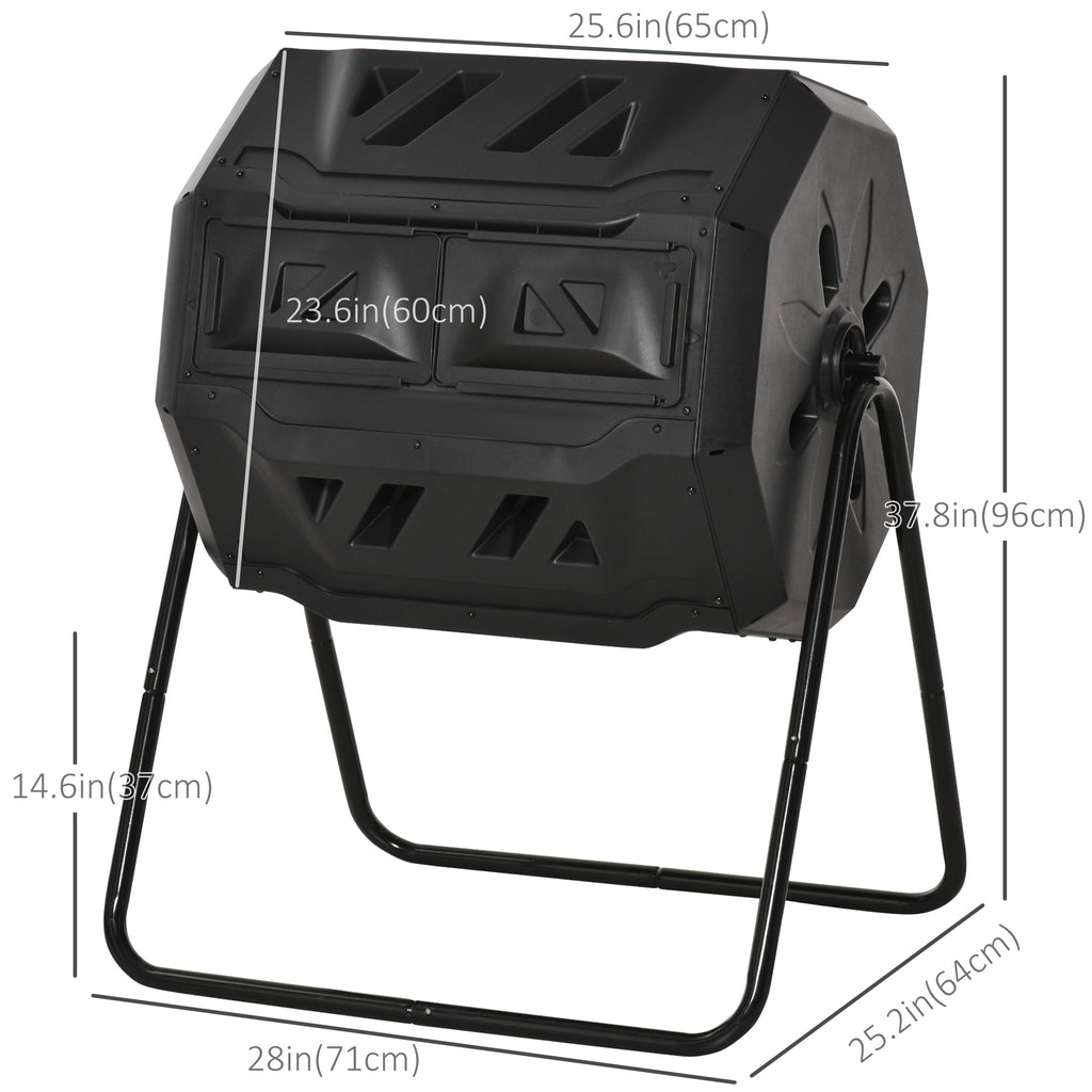 43 Gallon (160L) Tumbling Compost Bin Outdoor Dual Chamber 360Â° Rotating Composter with Sliding Doors, Solid Steel Frame and Gloves, Black