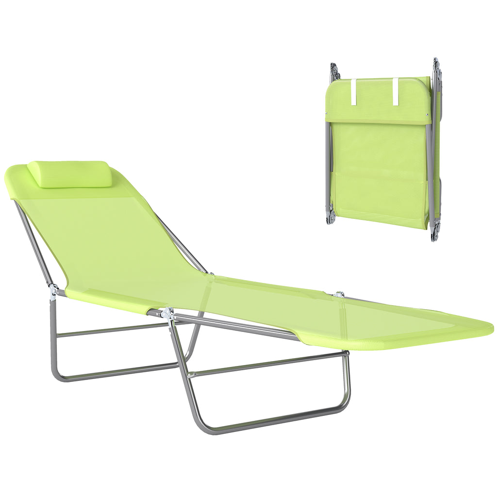 Outdoor Lounge Chair, Portable Adjustable Reclining Seat Folding Chaise Lounge Patio Camping Beach Tanning Chair Bed with Pillow, Light Green