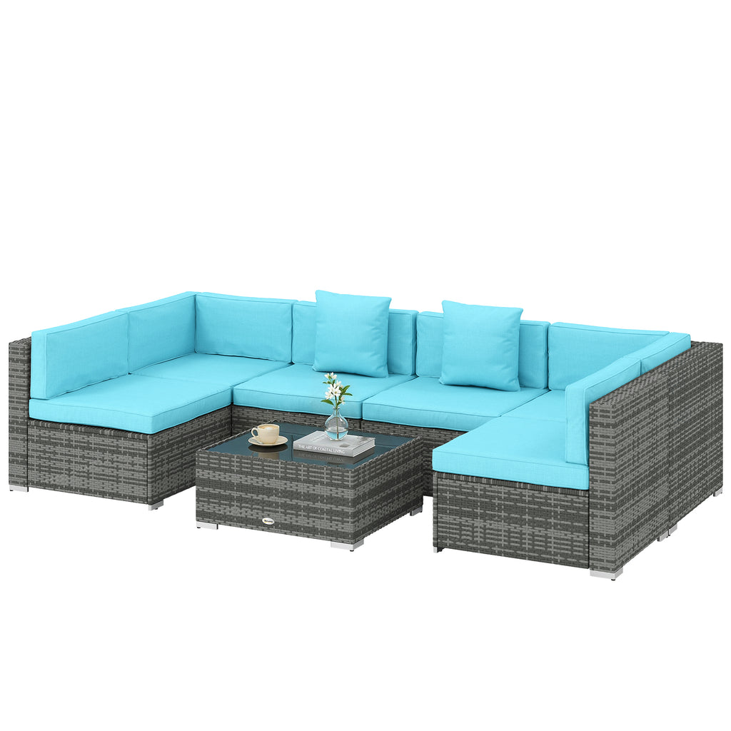 7 Pieces Outdoor Rattan Furniture Set, Patio Wicker Sectional Conversation Sofa Set, Blue