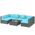7 Pieces Outdoor Rattan Furniture Set, Patio Wicker Sectional Conversation Sofa Set, Blue