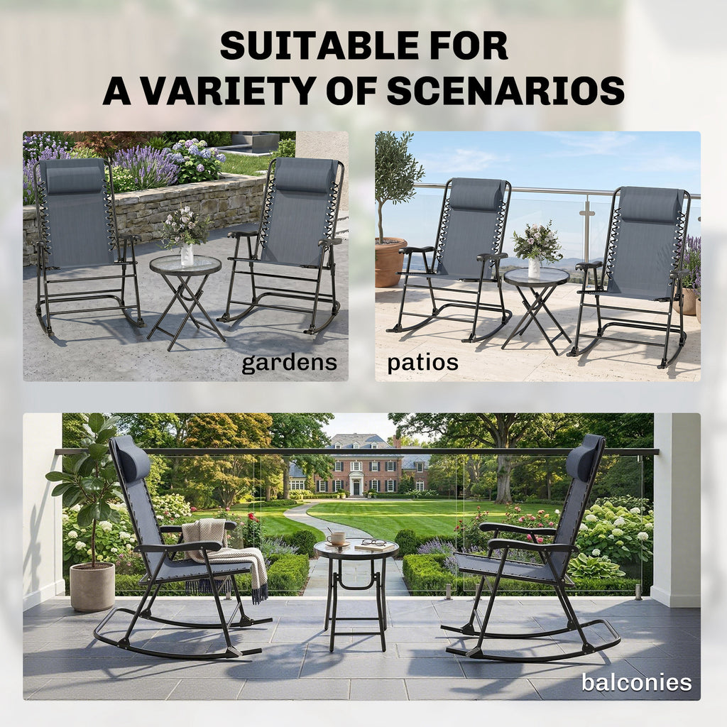 3pc Patio Rocking Chair Set, Folding Outdoor Rocking Chairs and Table Bistro Set w/ Breathable Mesh Seat & Backrest, Headrest for Park, Backyard, Garden, Grey