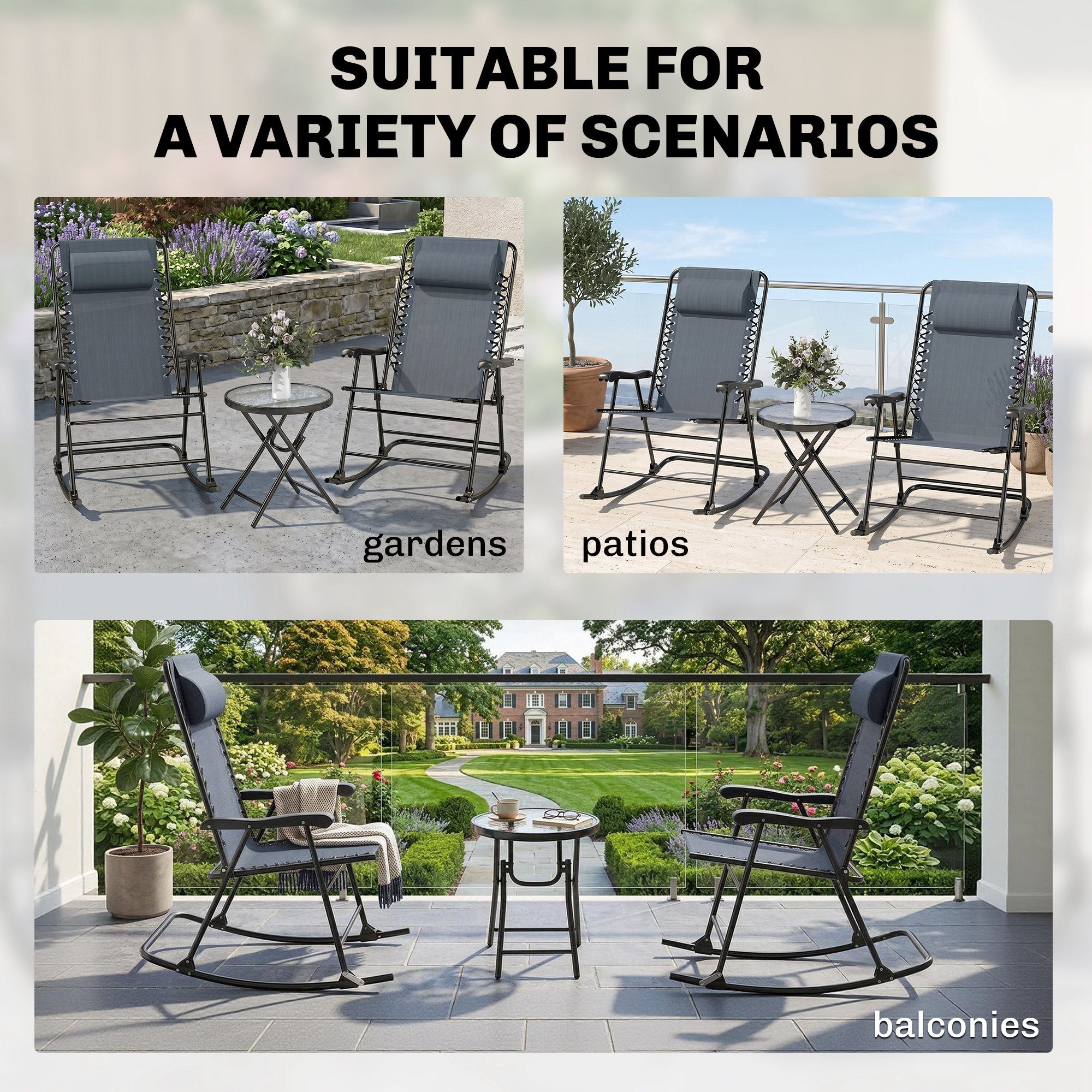 3pc Patio Rocking Chair Set, Folding Outdoor Rocking Chairs and Table Bistro Set w/ Breathable Mesh Seat & Backrest, Headrest for Park, Backyard, Garden, Grey