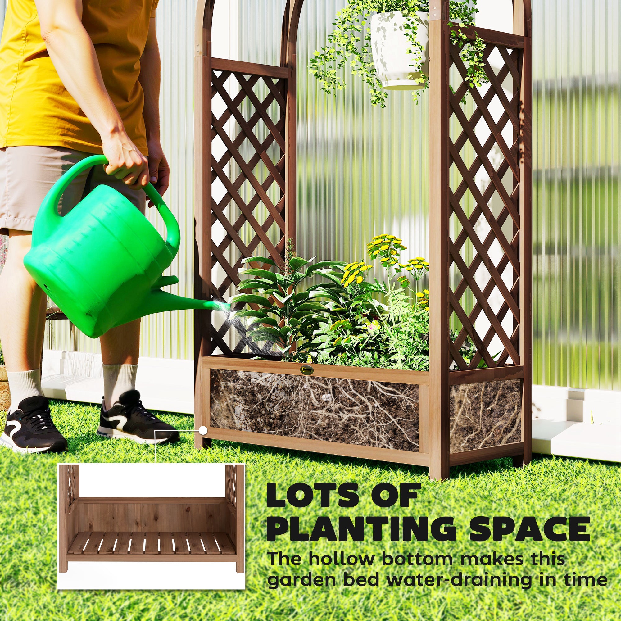 Raised Garden Bed with Arch Trellis, Freestanding Garden Planter Box, Outdoor Planter Container, Dark Brown Wood Effect