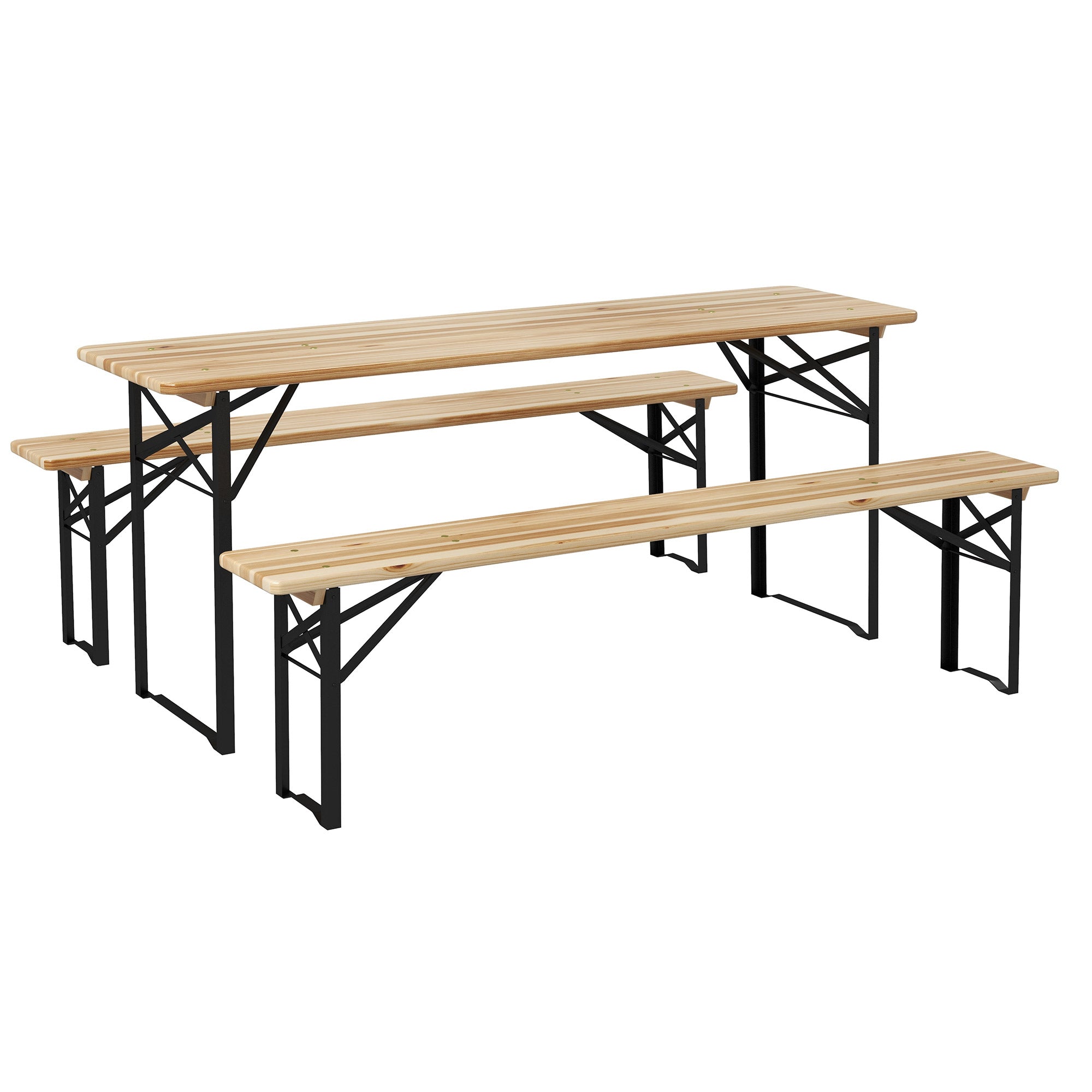 3 Pieces Folding Picnic Table Set, Portable Folding Picnic Table and Benches with Steel Frame for Garden, Park, Natural Wood