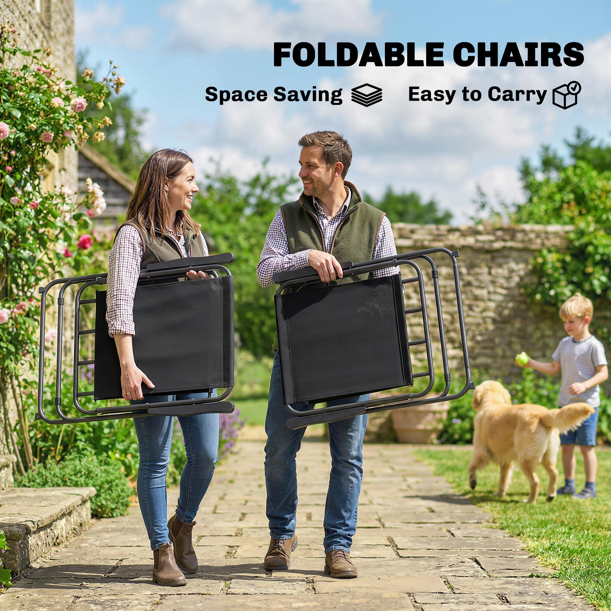 8 Piece Patio Table and Chairs Set with Folding Chairs, Tempered Glass Tabletop and Umbrella for Garden, Black