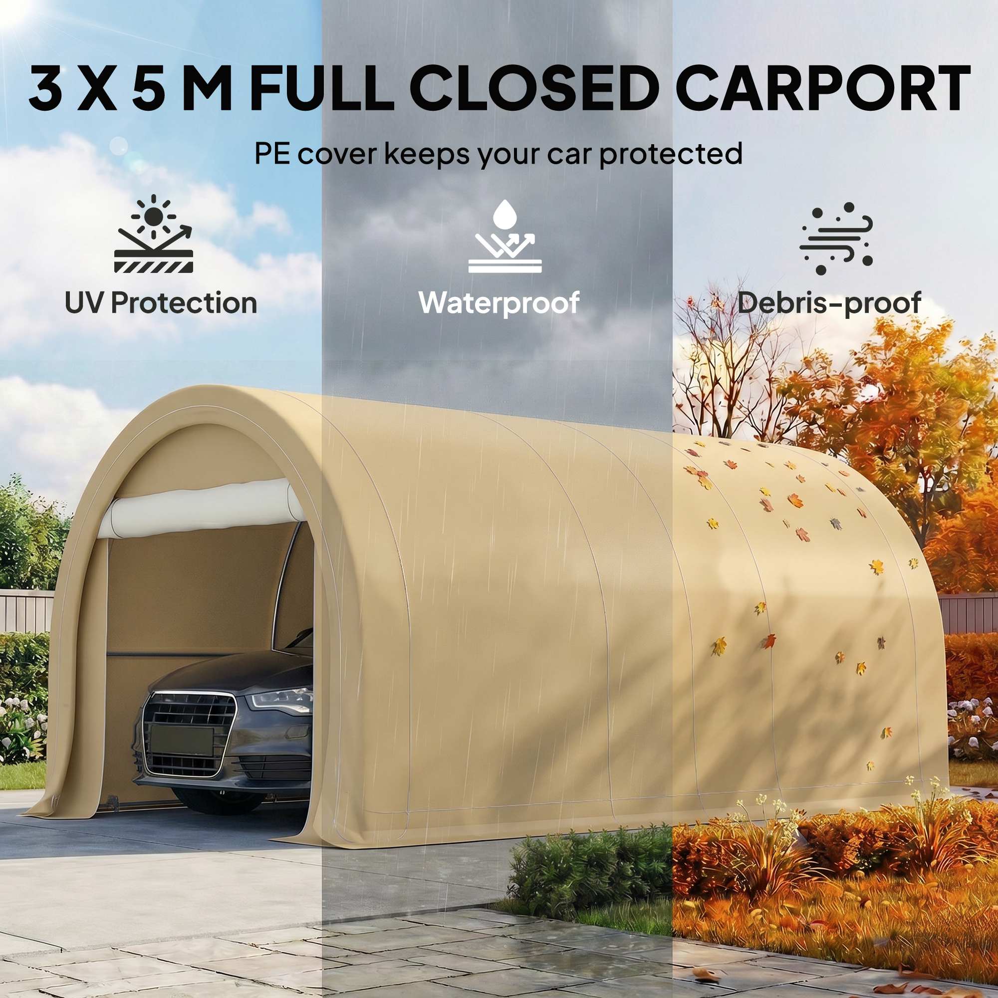10' x 16' Heavy Duty Portable Carport Tent with Zippered Door, PE Cover for Car, Boat, Motorcycle, Bike, Beige