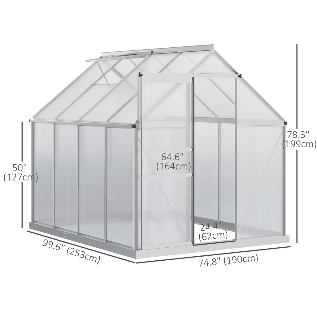 6' x 8' x 6.5' Walk-in Greenhouse, Polycarbonate Greenhouse with Adjustable Roof Vent, Base, Sliding Door, Clear