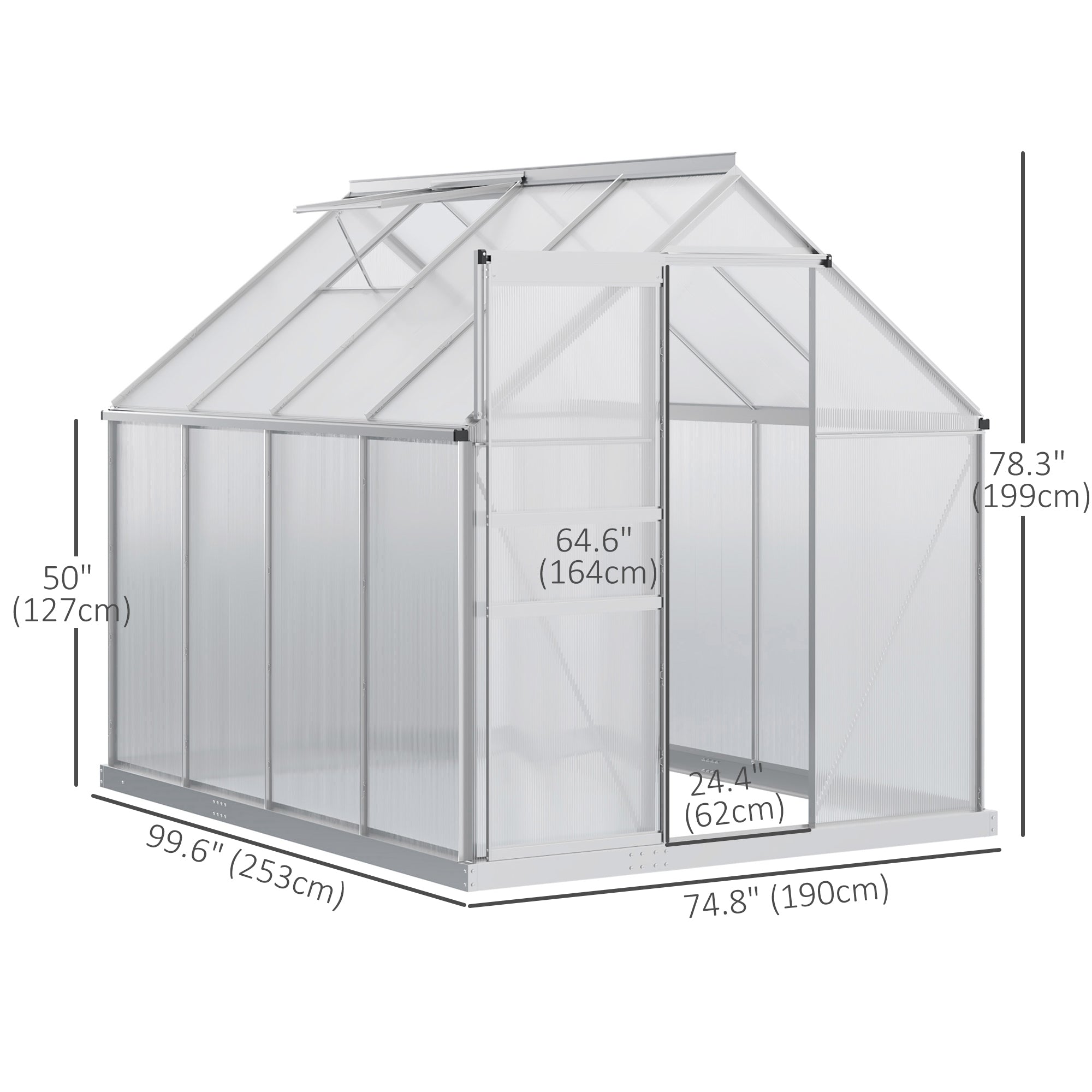 6' x 8' x 6.5' Walk-in Greenhouse, Polycarbonate Greenhouse with Adjustable Roof Vent, Base, Sliding Door, Clear