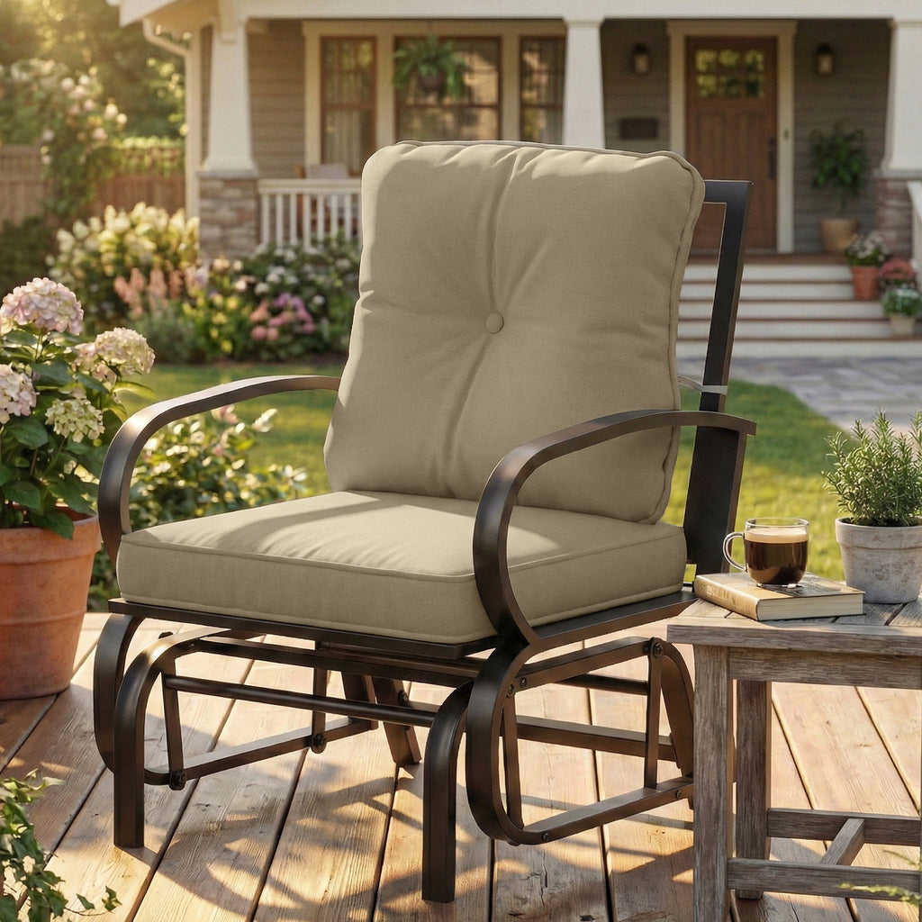 Patio Glider, Outdoor Glider Chair with Cushions, Steel Frame, Curved Armrests, Beige