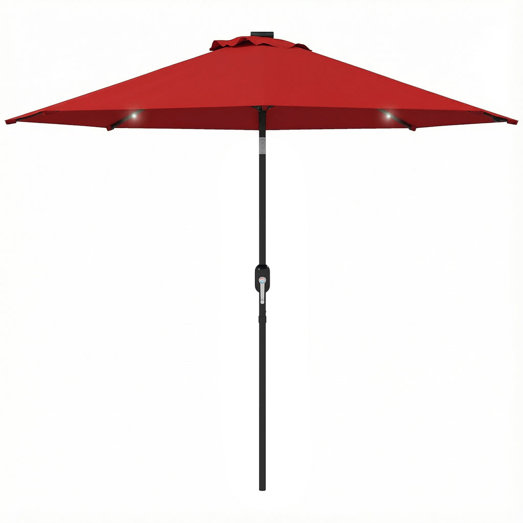 9ft Solar Patio Umbrella Outdoor Sunshade 24 LED Lights Tilt Canopy Wine Red