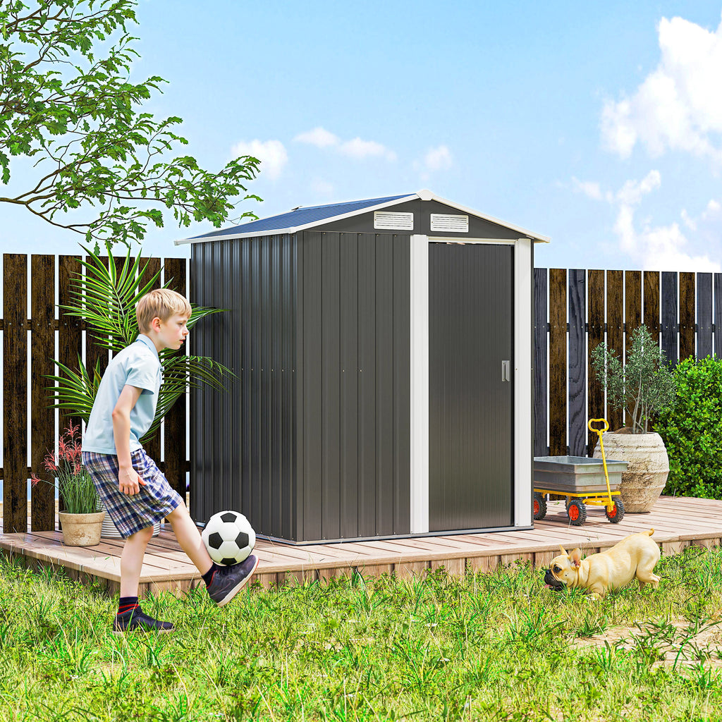 5ft x 4ft Garden Metal Storage Shed, Tool Storage Shed with Top Vents, Sliding Door, Sloped Roof and Foundation Kit for Garden, Patio, Lawn, Dark Grey