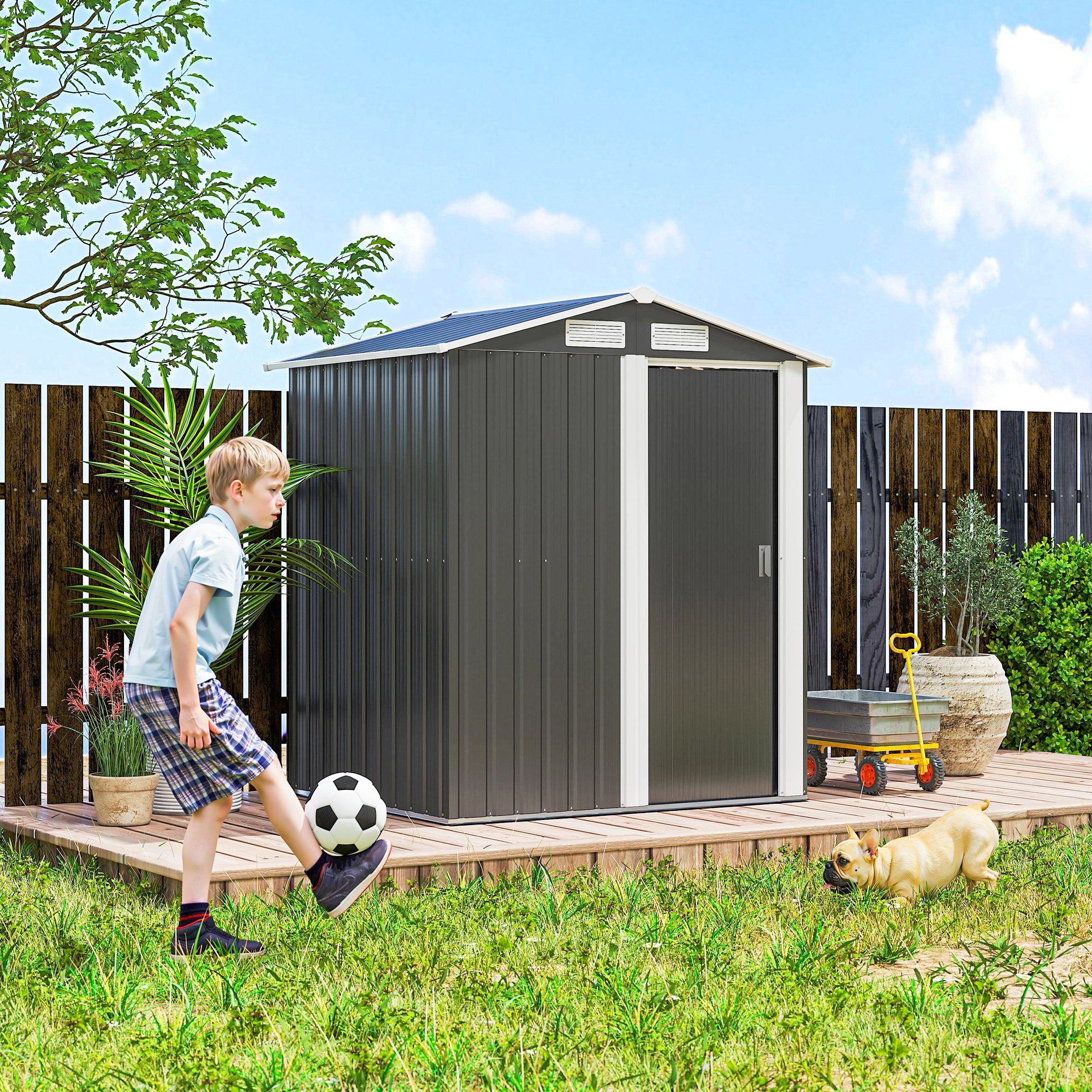 5ft x 4ft Garden Metal Storage Shed, Tool Storage Shed with Top Vents, Sliding Door, Sloped Roof and Foundation Kit for Garden, Patio, Lawn, Dark Grey