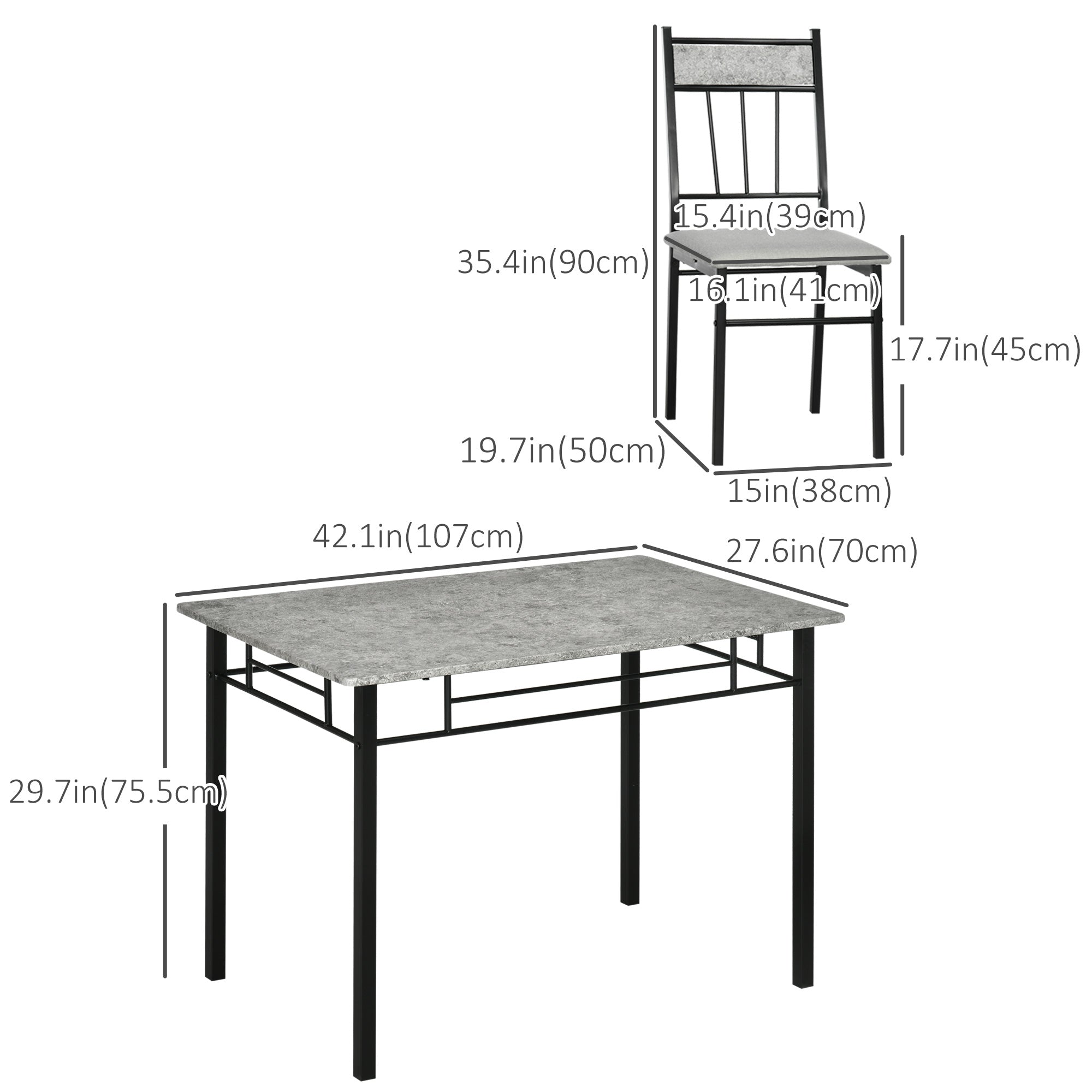 5 Pieces Diner Tables Dining Room Sets for 4 People with Marble Effect Tabletop Padded Chairs and Metal Frame Grey