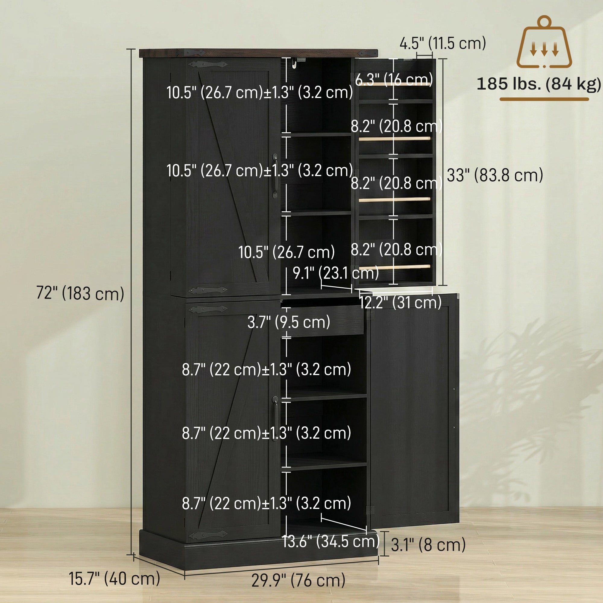72" Tall Kitchen Pantry Cabinet, Farmhouse Storage Cabinet with 8 Door Racks and Adjustable Shelves, Black