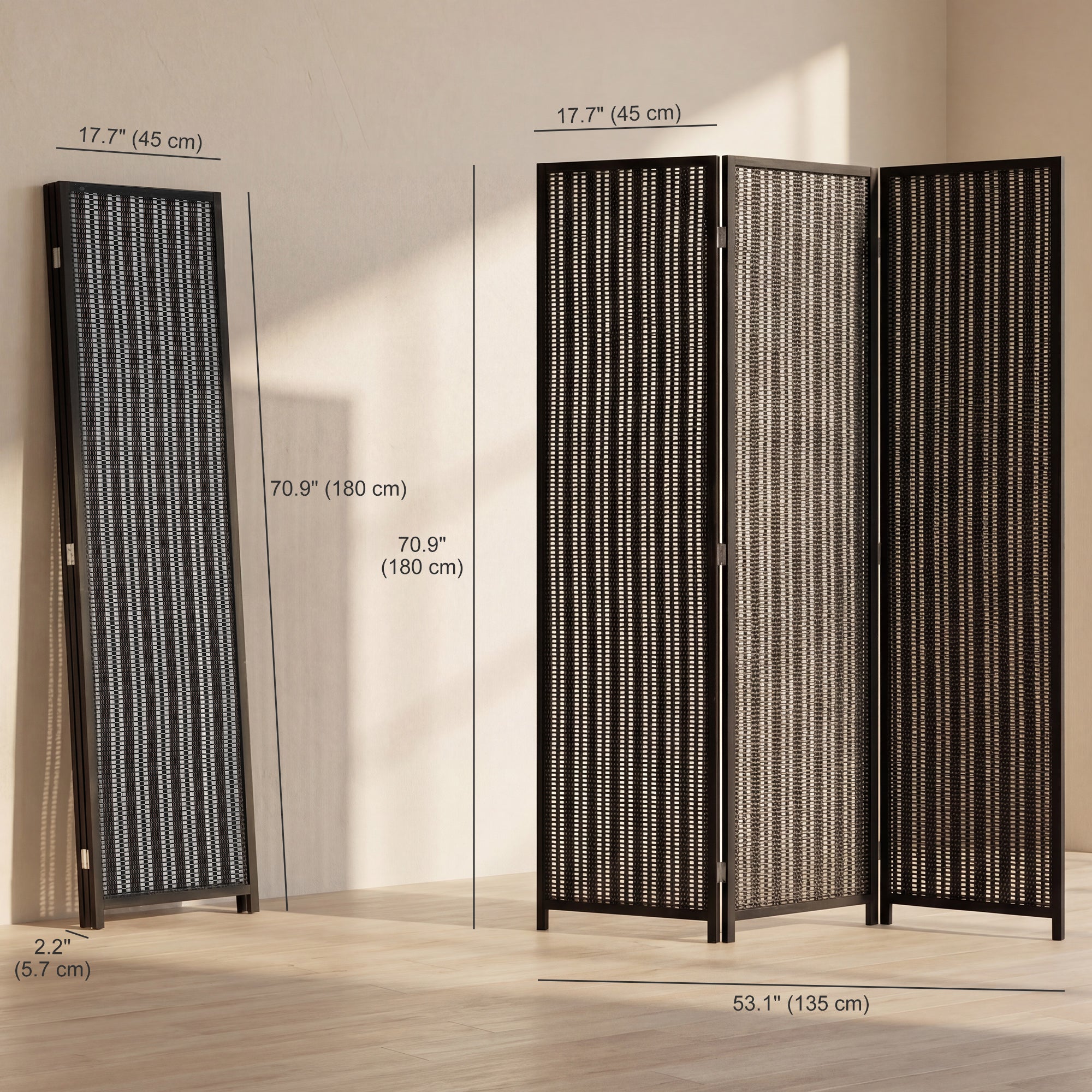 Folding Privacy Screen, 3 Panel Room Divider, Freestanding Partition with Handwoven Bamboo and Pine Wood Frame, Black
