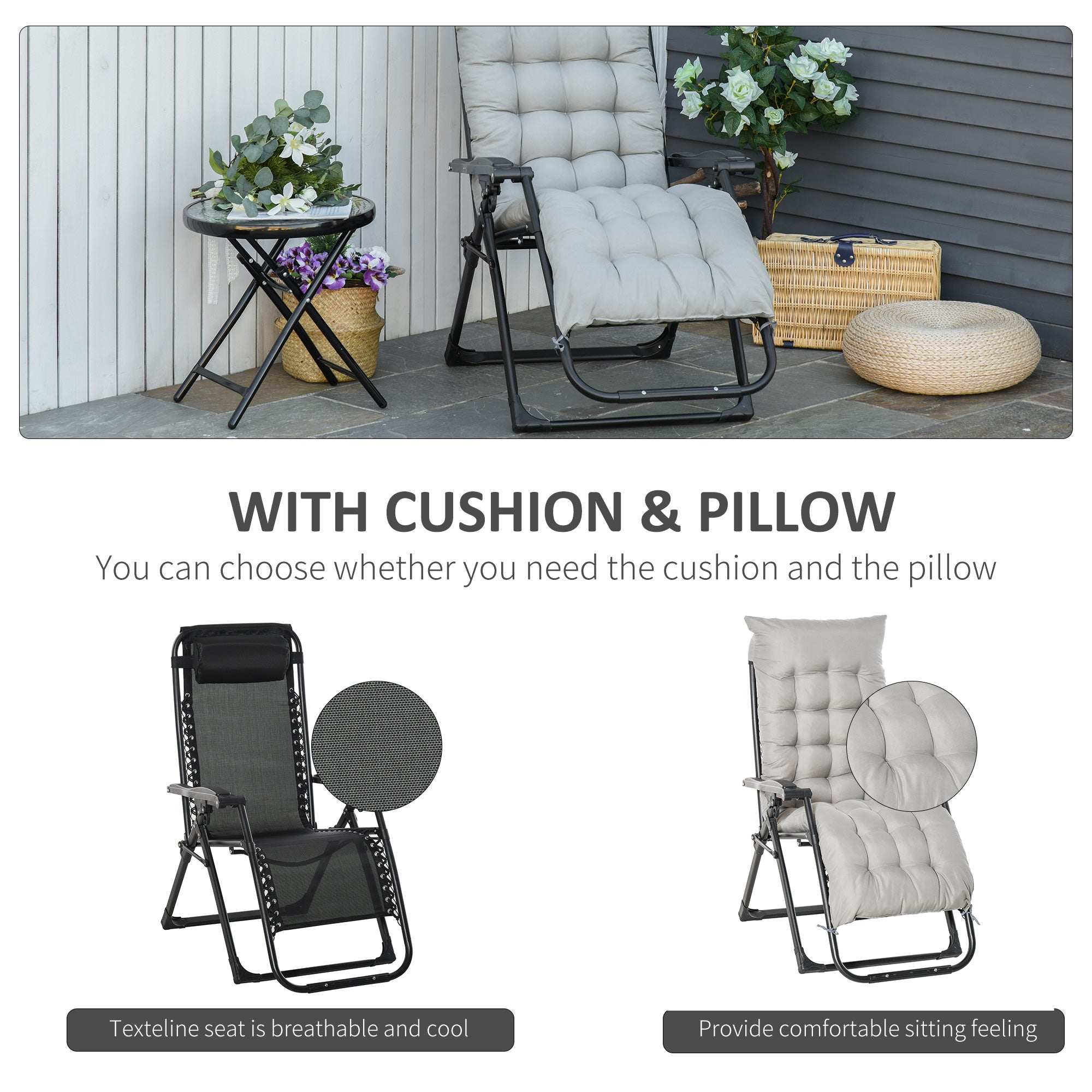 Reclining Zero Gravity Chair with Adjustable Backrest, Folding Garden Sun Lounger, Outdoor Recliner with Removable Cushion and Headrest, Light Grey