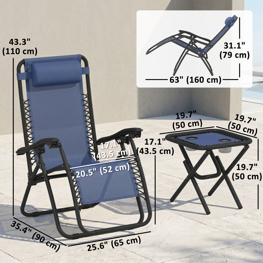Zero Gravity Chair Set of 2 Patio Chair with Side Table Cupholders and Pillows for Pool, Backyard, Lawn, Blue