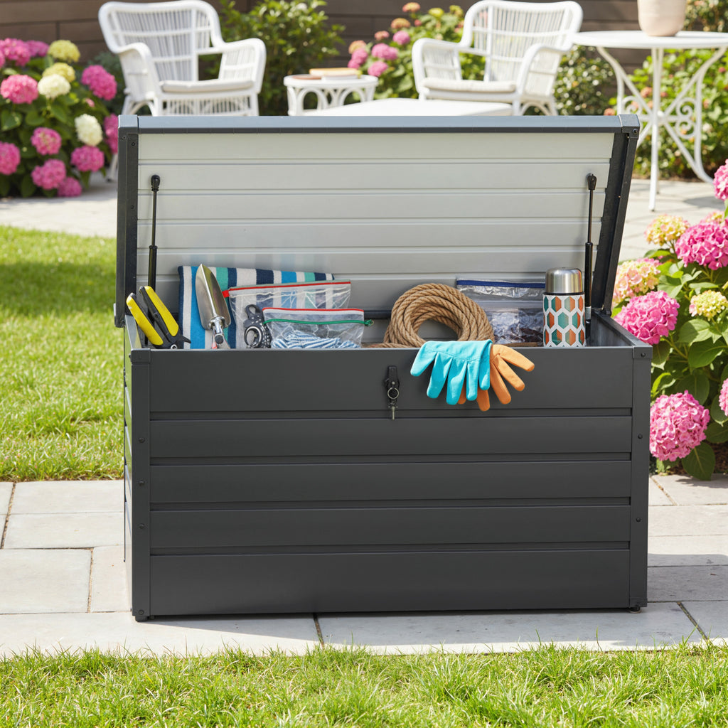Large Deck Box, Outdoor Storage Container with Lock for Pool Toys, Garden Tools, Furniture and Sports Equipment, Grey