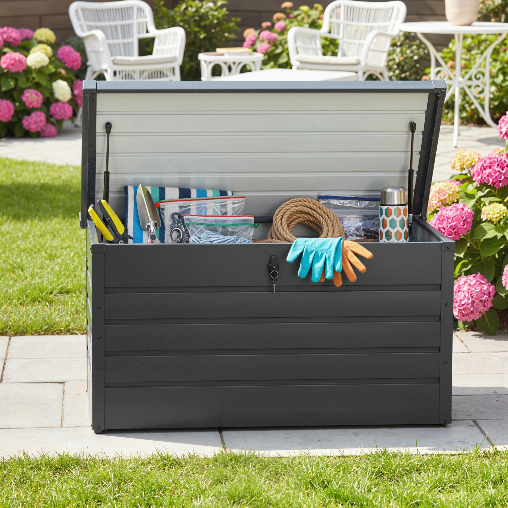 Large Deck Box, Outdoor Storage Container with Lock for Pool Toys, Garden Tools, Furniture and Sports Equipment, Grey