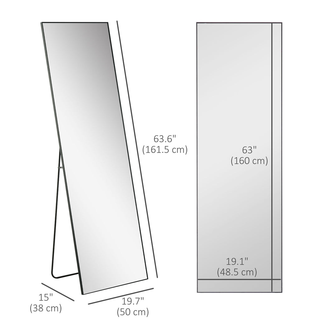 64"x20" Full Length Mirror, Floor Standing, Wall-Mounted or Leaning Against Wall Tall Mirror w/Support Frame, Rectangular Full Body Mirror for Bedroom, Living Room, Black
