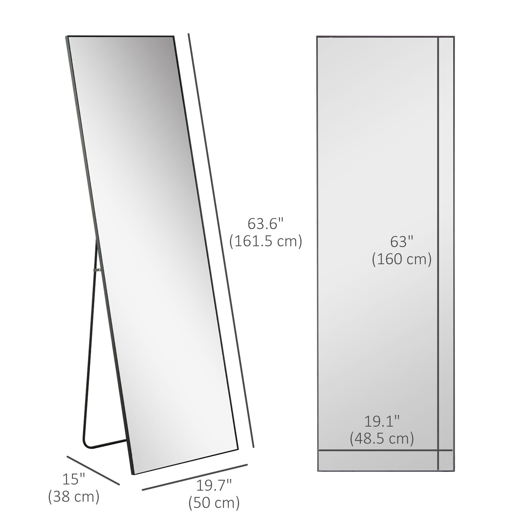 64"x20" Full Length Mirror, Floor Standing, Wall-Mounted or Leaning Against Wall Tall Mirror w/Support Frame, Rectangular Full Body Mirror for Bedroom, Living Room, Black