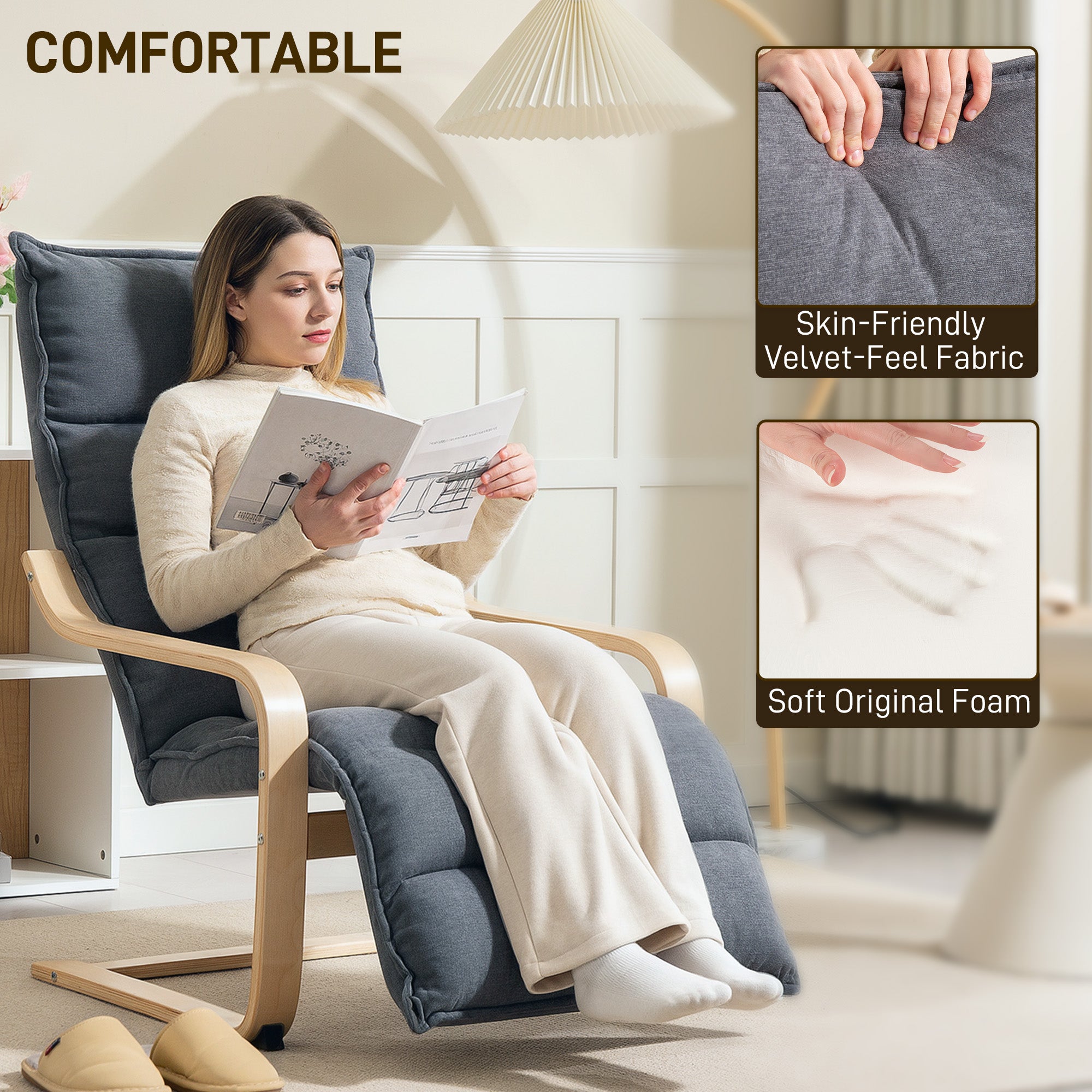 Accent Chair, Velvet Upholstered Living Room Chair with Footrest, Wood Frame, Dark Grey