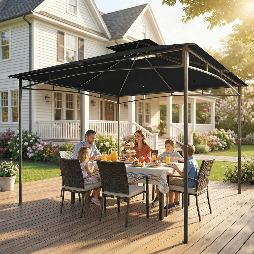 10' x 10' Gazebo, Soft Top Outdoor Gazebo with 2-Tier Roof, Metal Frame, Black