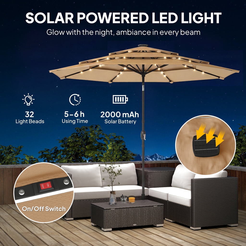 9.3 ft Patio Umbrella with Solar LED Lights, Cover, 3 Tier Outdoor Market Table Parasol with Tilt, Crank, Khaki