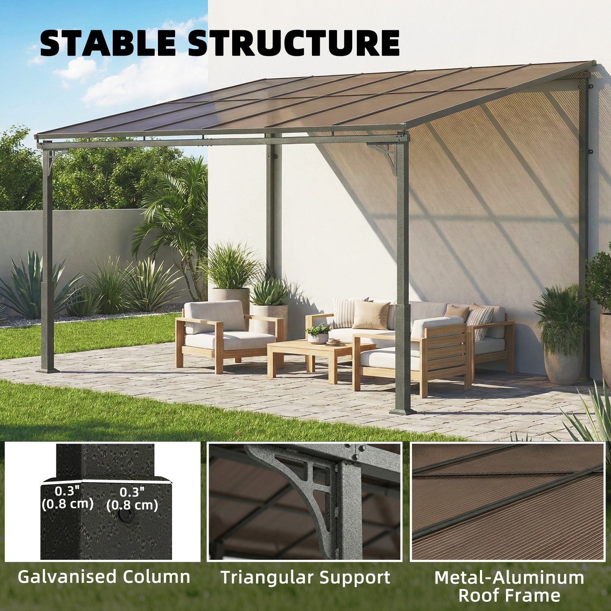 11' x 10' Outdoor Pergola, Wall Mounted Hardtop Lean-to Gazebo with Polycarbonate Roof and Metal-Aluminium Frame