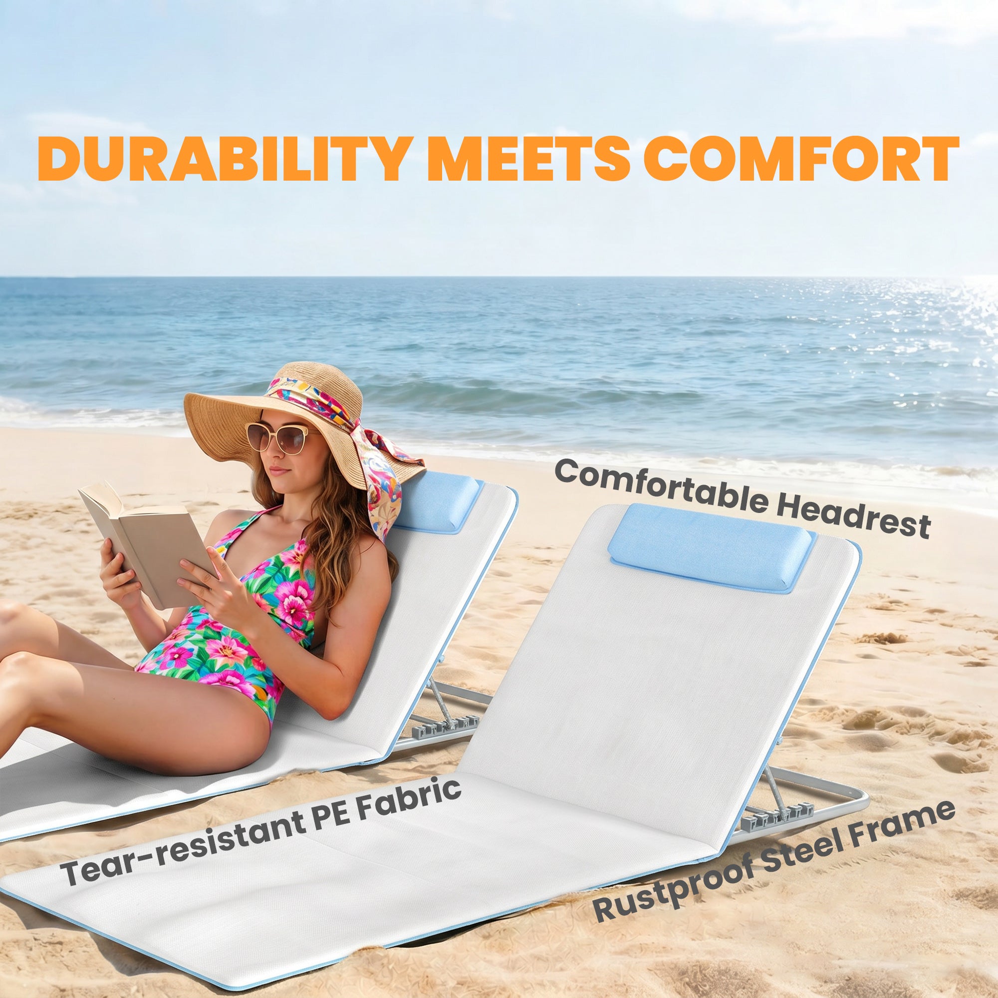 2 Pieces Beach Lounge Chair, Outdoor Folding Chaise Lounge Set w/ Pillow for Sunbath, Snap, Beige