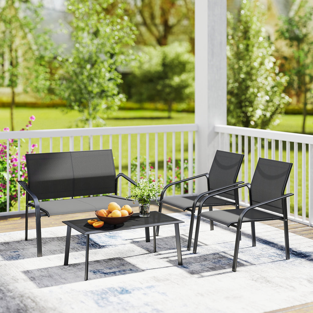 4 Piece Patio Furniture Set, Outdoor Conversation Set with Deep Seat, Loveseats, Armchairs, Glass-Top Table, Black