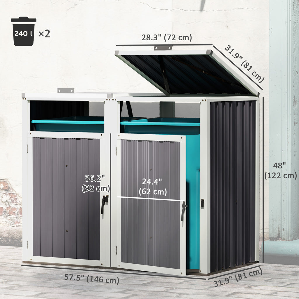 Double Garbage Bin Shed, Lockable Outdoor Storage Shed with Openable Lid, Galvanized Frame for Garden Patio, Dark Grey