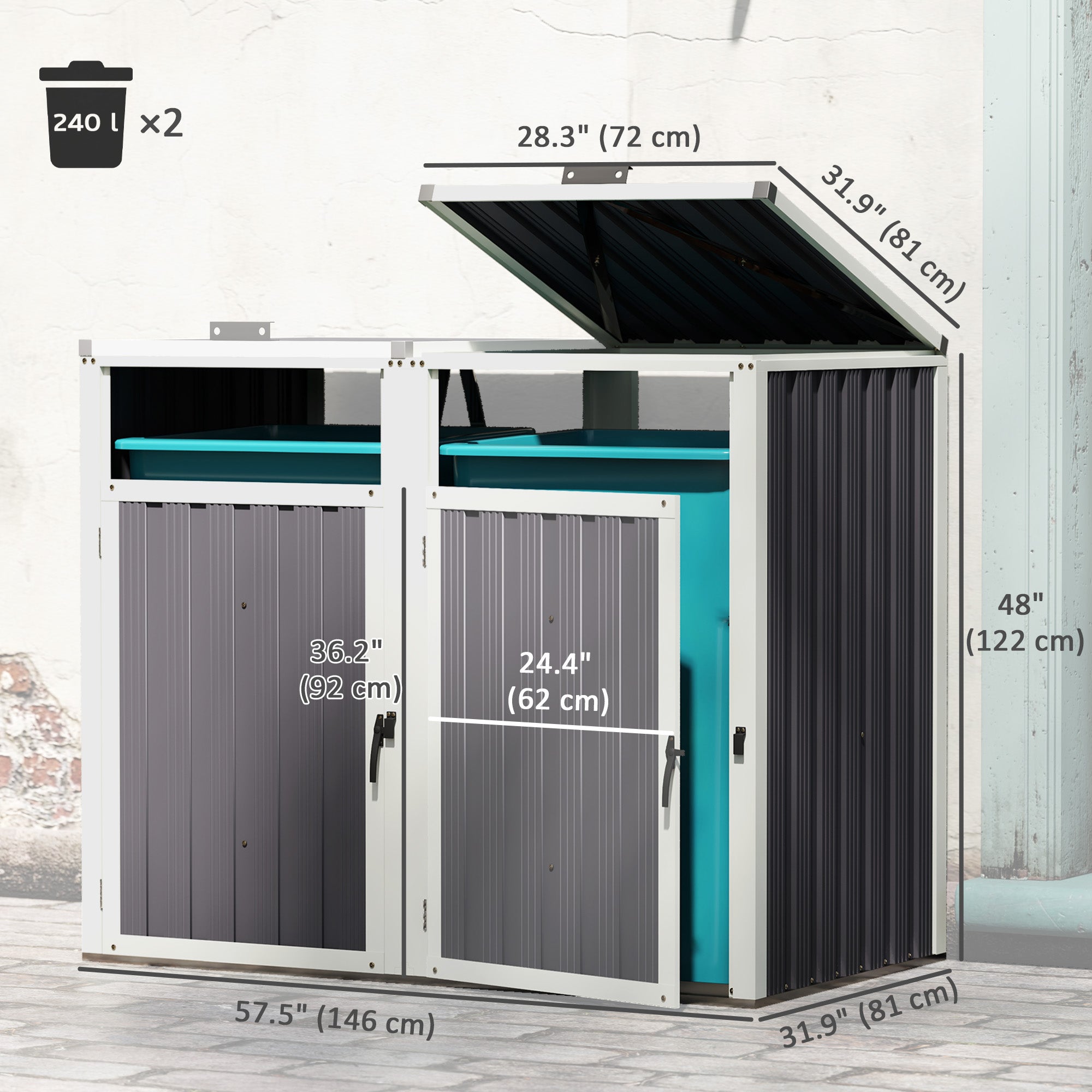 Double Garbage Bin Shed, Lockable Outdoor Storage Shed with Openable Lid, Galvanized Frame for Garden Patio, Dark Grey