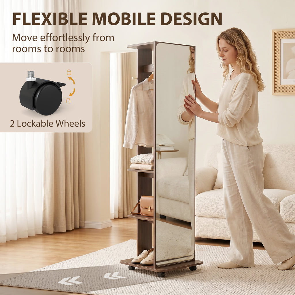 15" x 62" Full Length Mirror, Tempered Glass Floor Mirror on Wheels with Storage Shelves, Coat Hangers, Brown Wood Grain