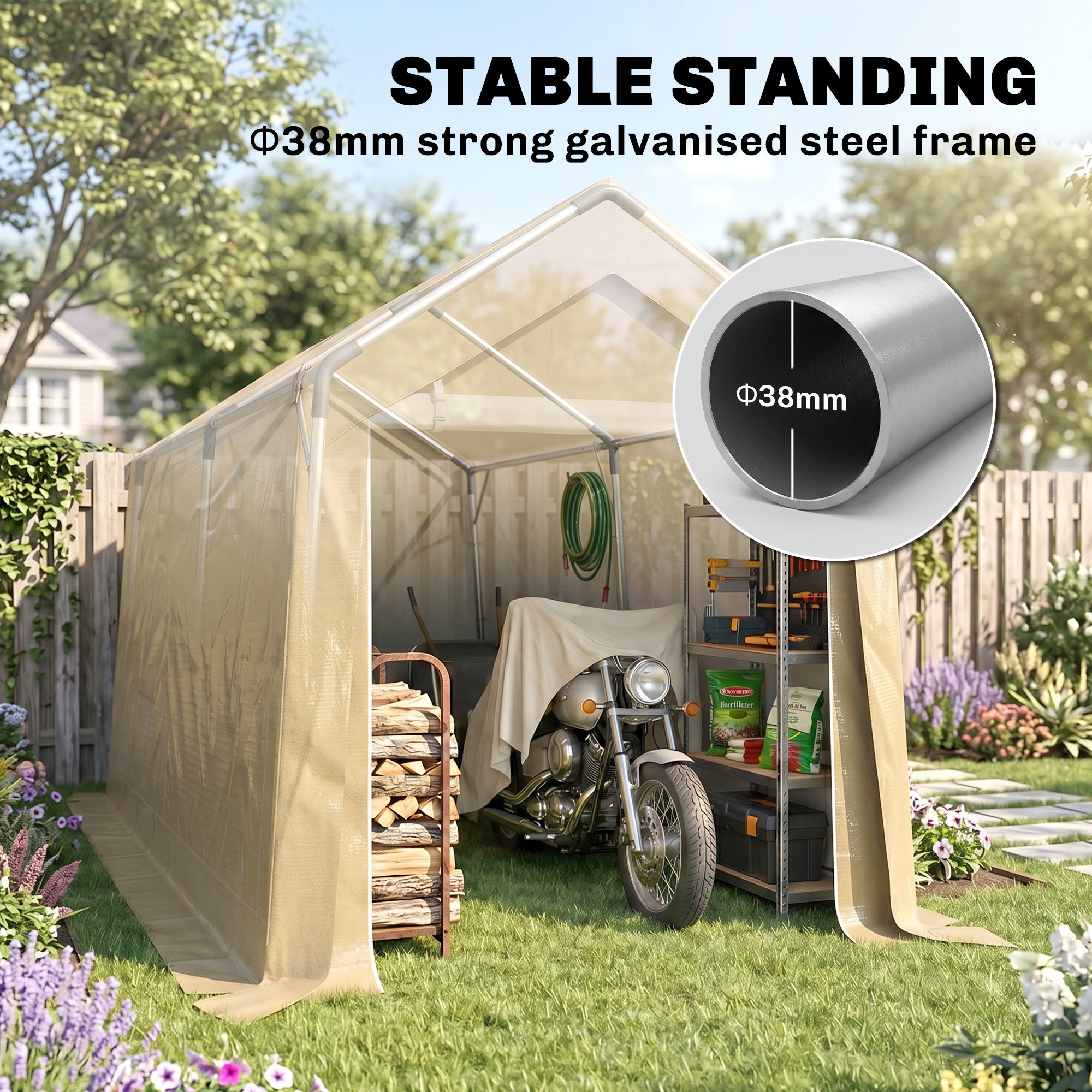 7' x 12' Outdoor Storage Shed Portable Garage with Roll-up Door for Motorcycle, Bike, Garden Tools, Beige