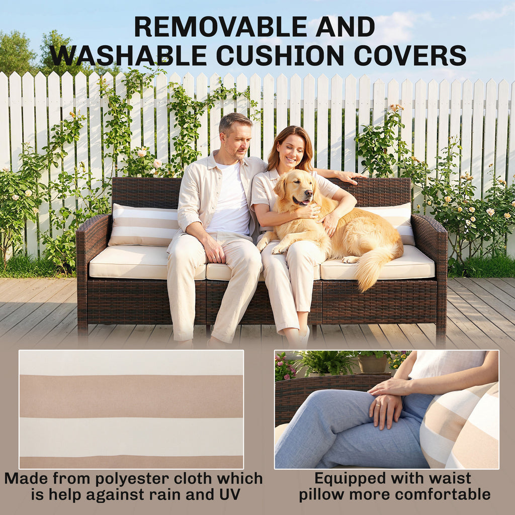 3-Seater Wicker Sofa, PE Rattan Outdoor Couch Conversation Furniture with Removable Cushions for Patio, Garden, Brown