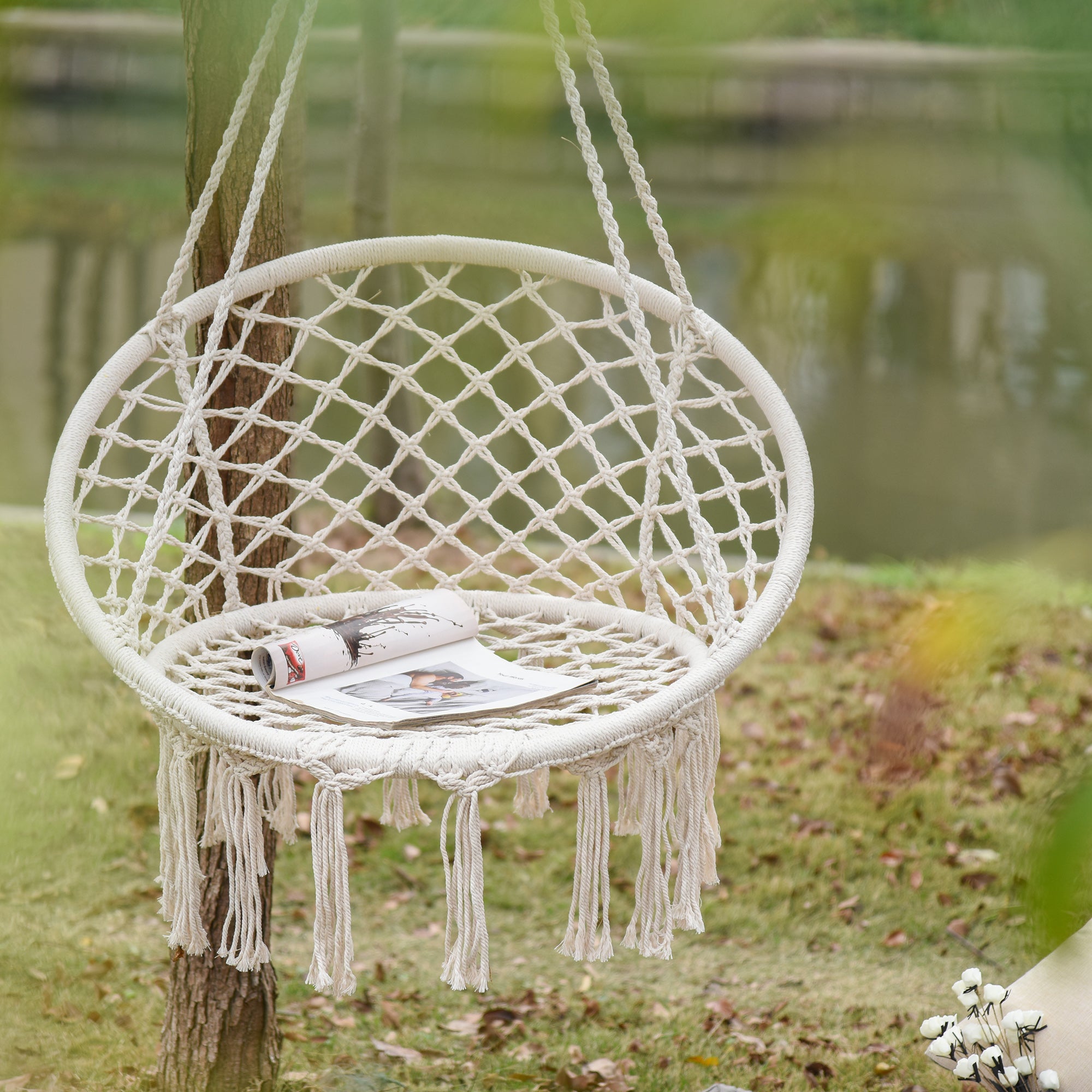 Patio Hammock Chair, Hanging Rope Hammock Swing for Indoor & Outdoor Use with Backrest, Cotton-Polyester Blend, Fringe Tassels, Cream White