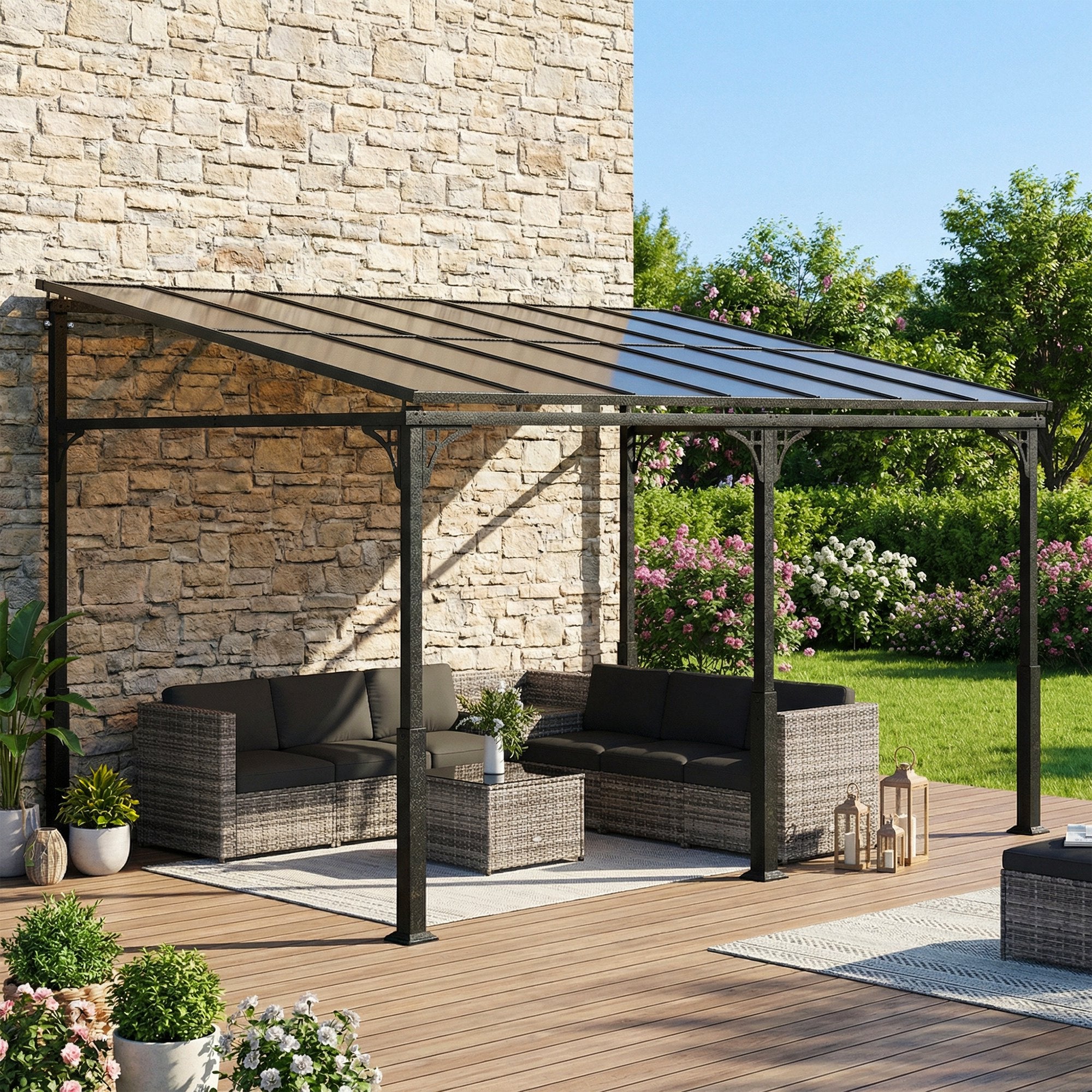 13' x 10' Lean to Gazebo, Hardtop Wall Mounted Outdoor Pergola with Polycarbonate Roof and Metal-Aluminium Frame
