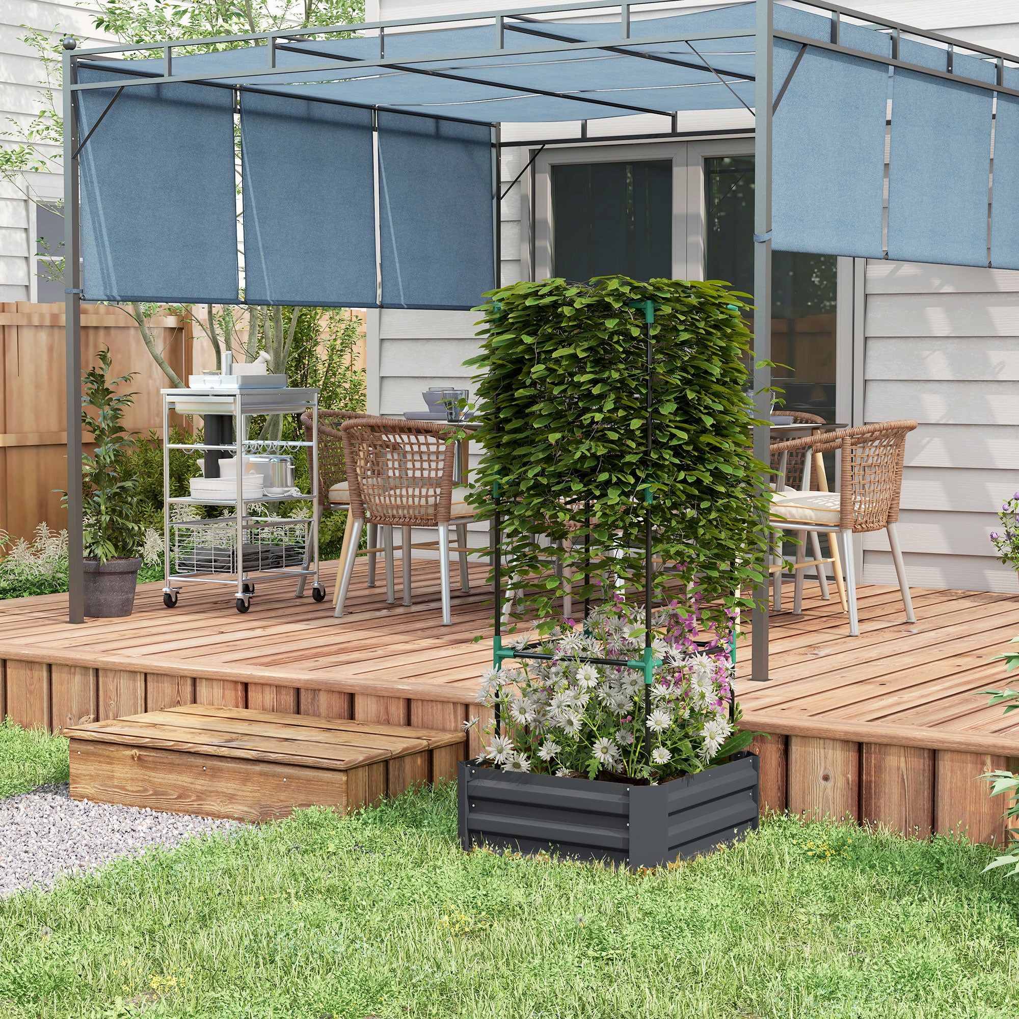 Galvanized Planter Box, Outdoor Raised Garden Bed with 3-Tier Trellis Tomato Cage for Climbing Vines, Vegetables, Grey