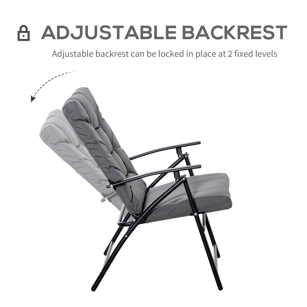 Foldable Lounge Chair, Fabric Upholstered Recliner, Outdoor Lounger with Armrest, Metal Frame for Backyard, Grey