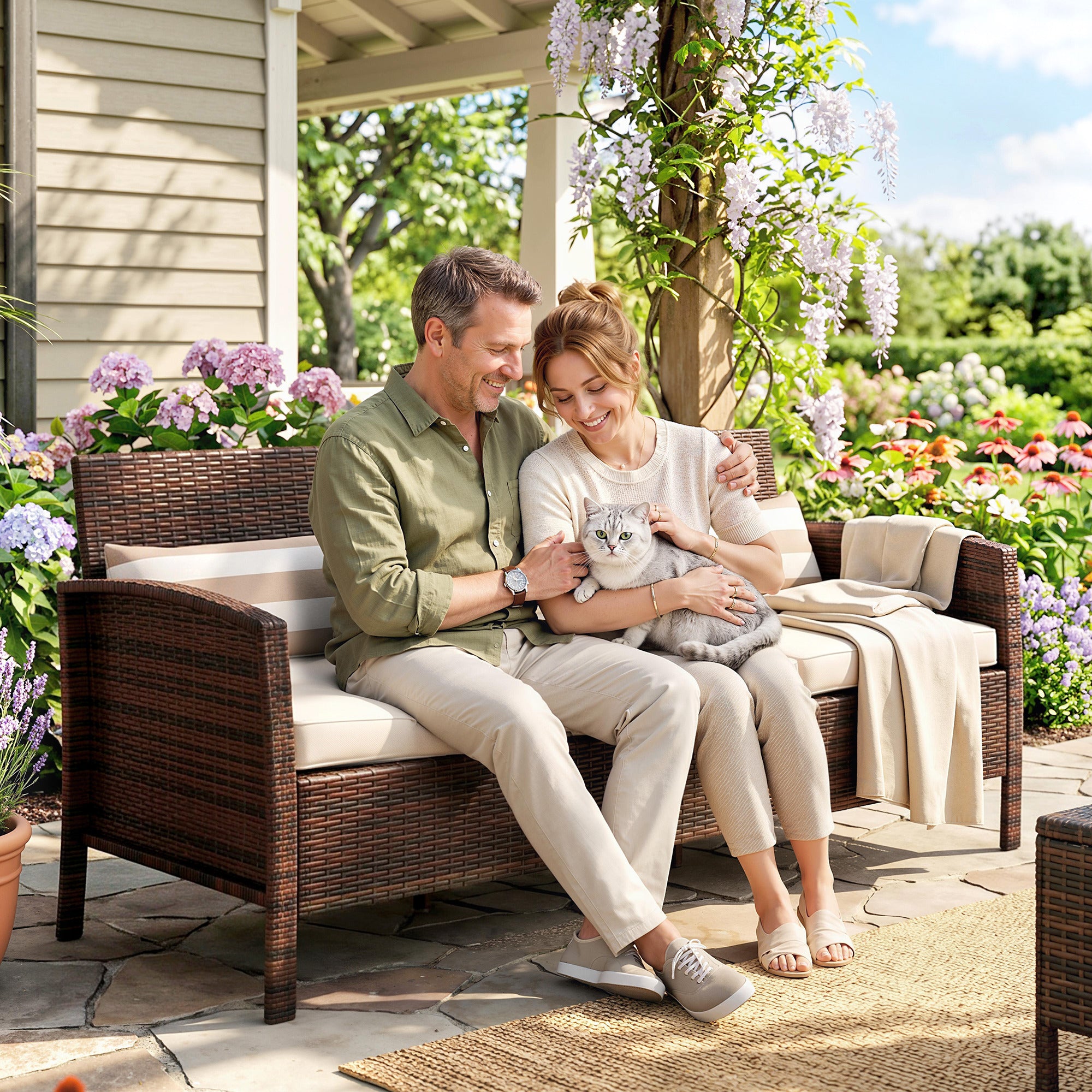 3-Seater Wicker Sofa, PE Rattan Outdoor Couch Conversation Furniture with Removable Cushions for Patio, Garden, Brown