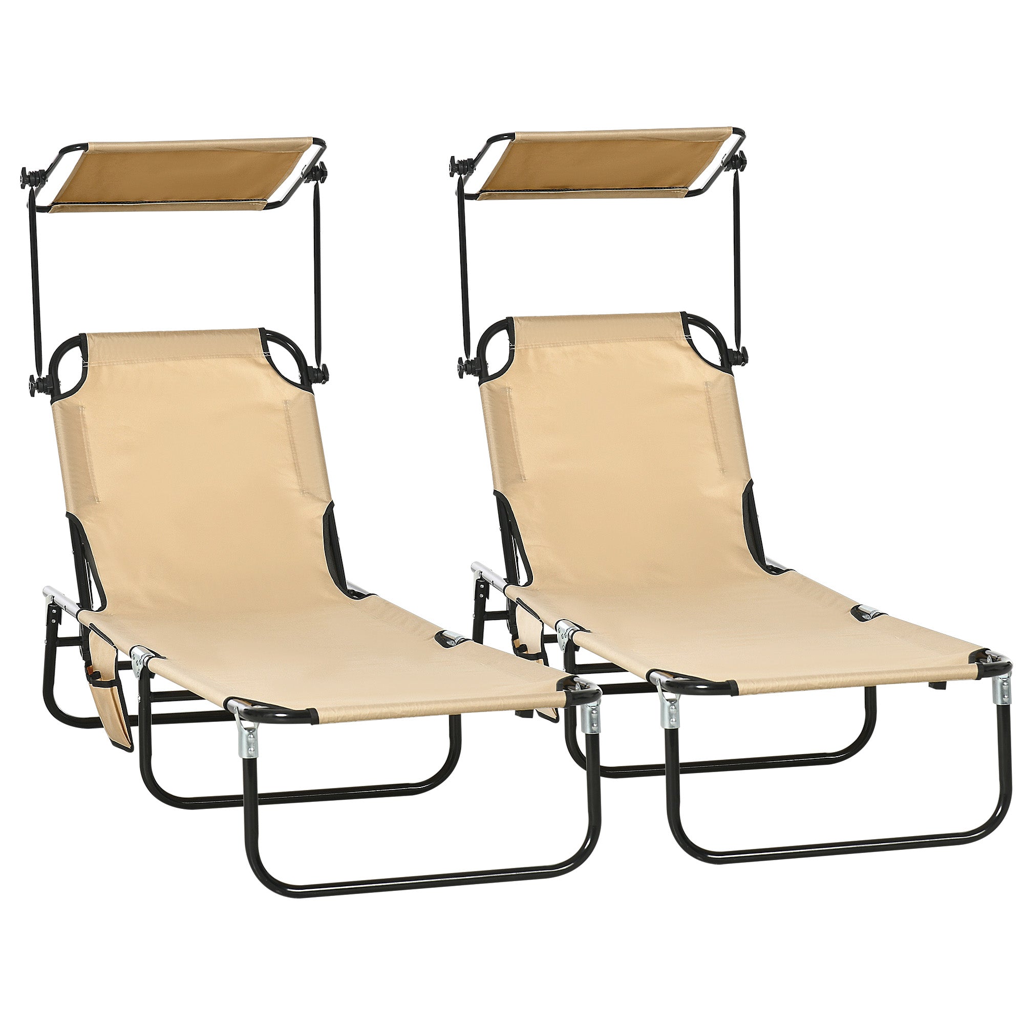 2 Piece Folding Outdoor Chaise Lounges, Pool, Sun, Tanning Chairs with Reclining Back, Sunshade for Beach, Patio, Tan