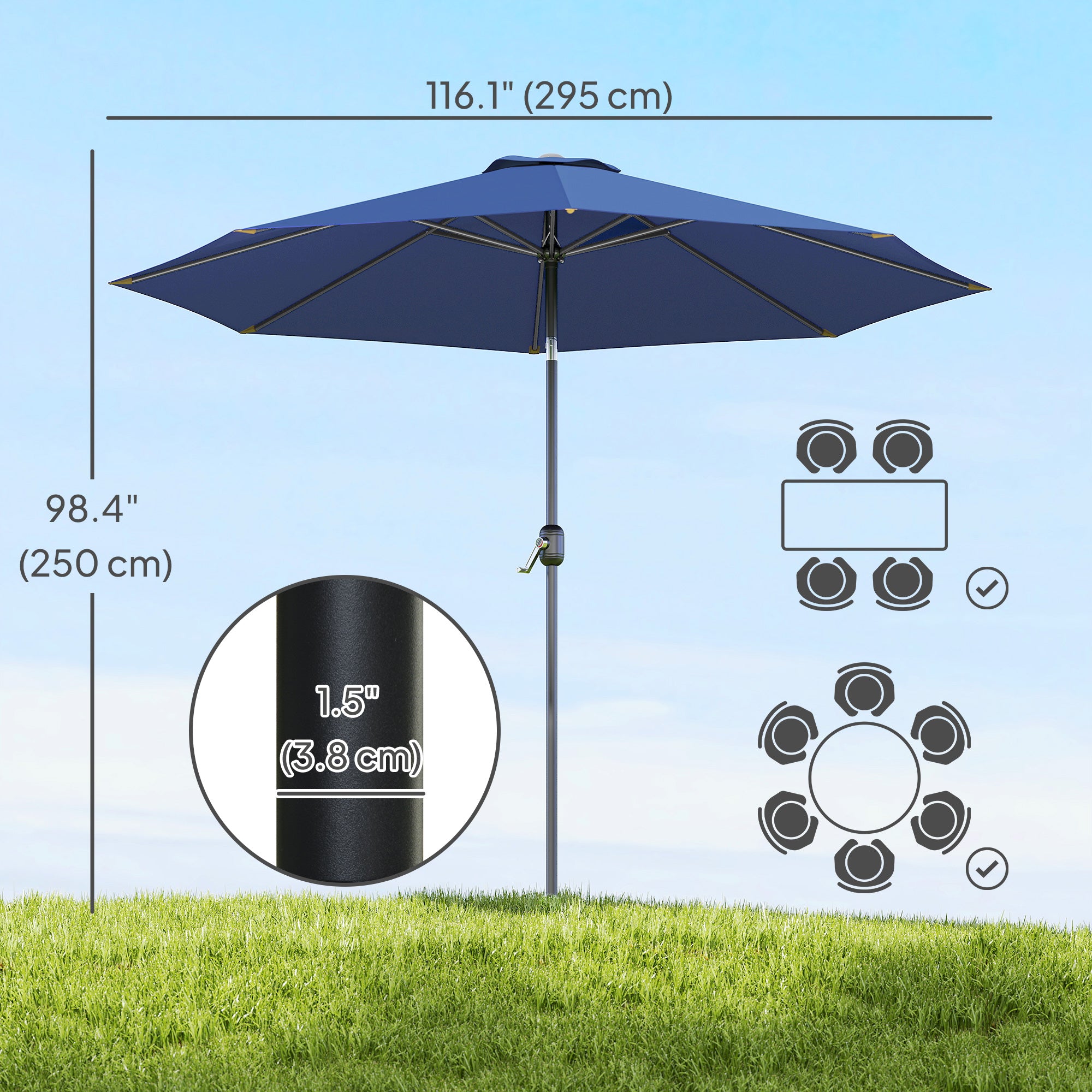10' x 8' Round Market Umbrella, Patio Umbrella with Crank Handle and Tilt, Outdoor Parasol for Garden, Blue