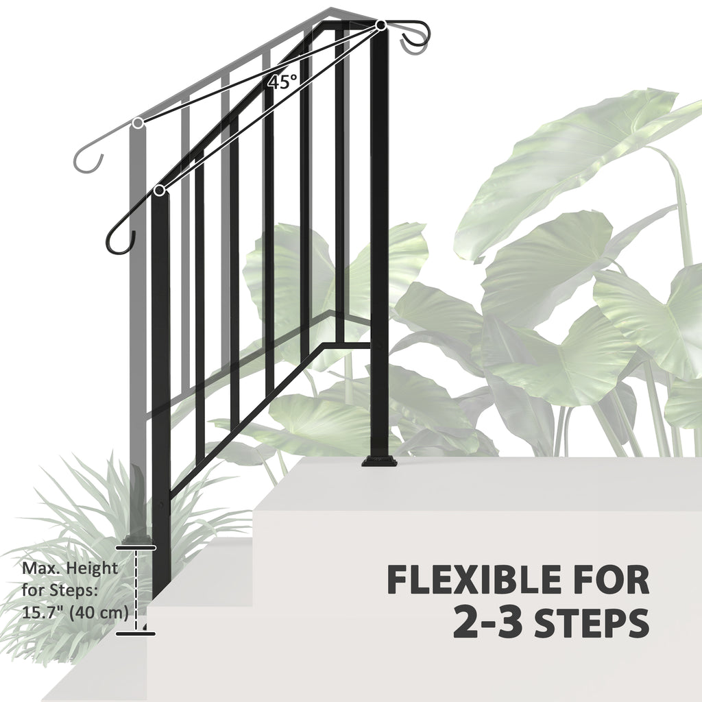 2-3 Step Handrails for Outdoor Steps, Metal Outdoor Stair Railing, Porch Deck Railing with Installation Kit, Black