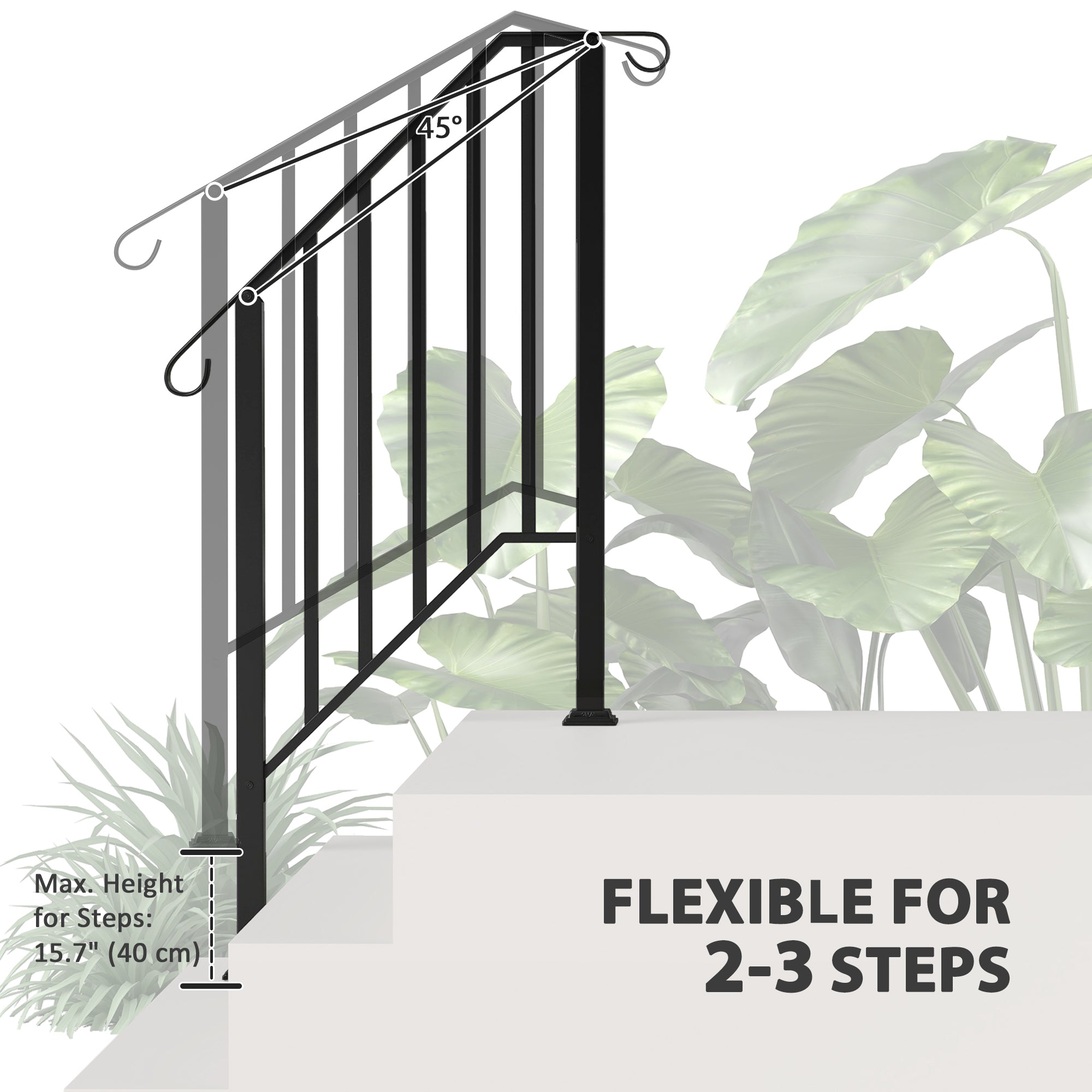 2-3 Step Handrails for Outdoor Steps, Metal Outdoor Stair Railing, Porch Deck Railing with Installation Kit, Black