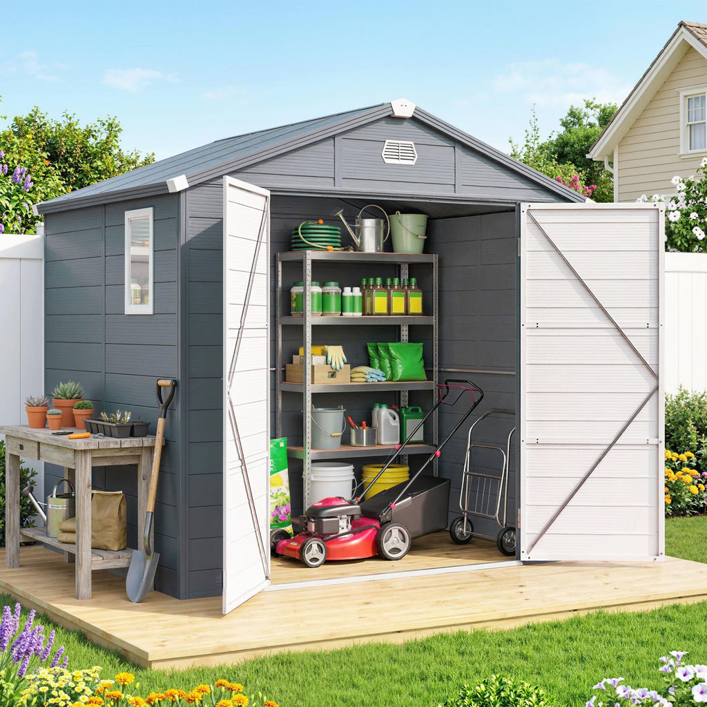 8' x 6' Plastic Garden Storage Shed with Latch Door, Vents, Sloped Roof, Dark Grey